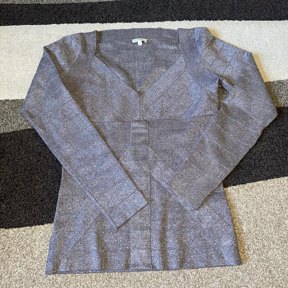 Boston Proper V Neck Sweater Womens Small Silver Pullover Shimmer